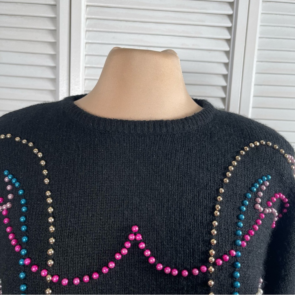 Vintage 80s‎ Amanda Beaded Reindeer Sweater L Black Holiday - Picture 2 of 12